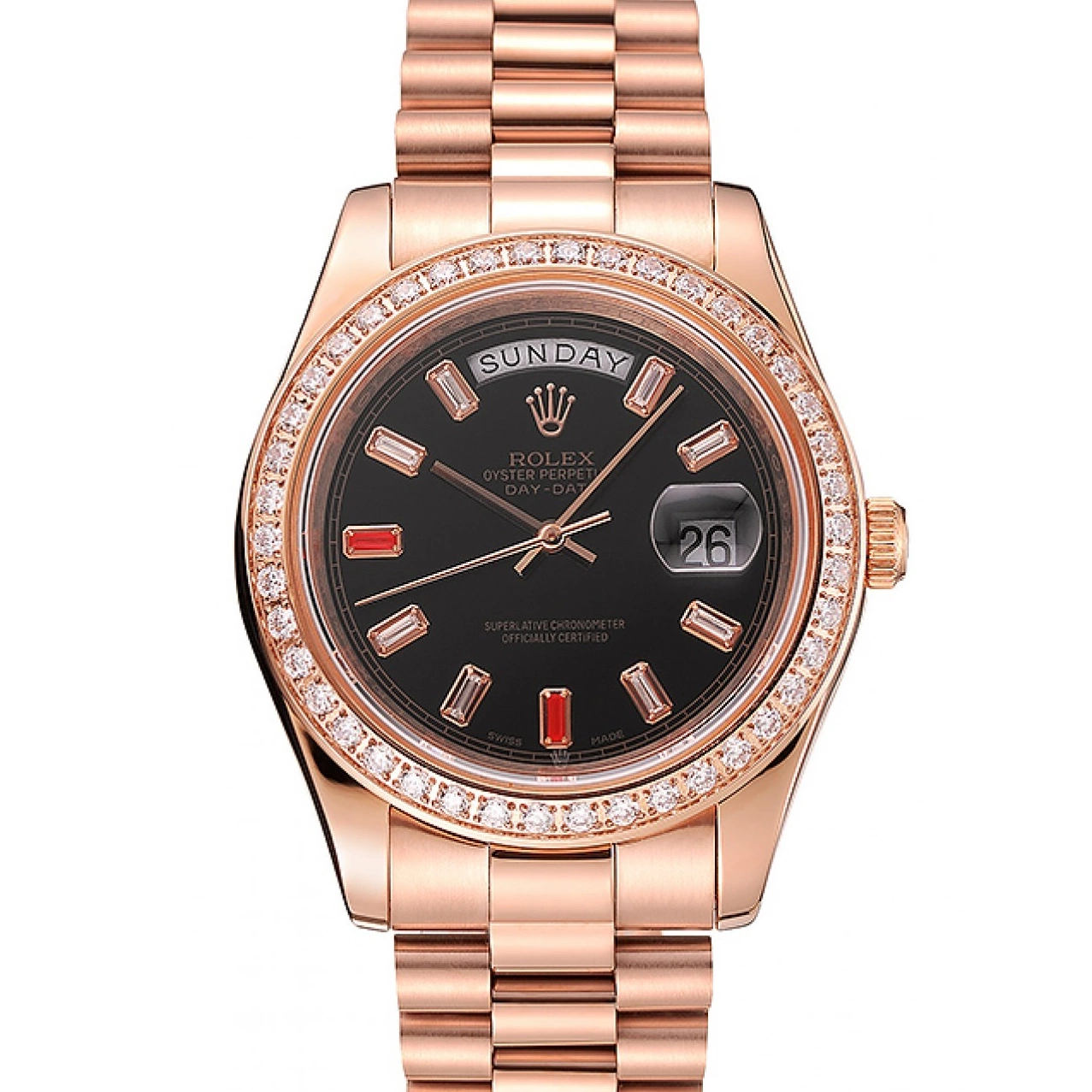 Rolex aaa copy Swiss Bracelet Rose 1454102 Rolex Diamonds Black Dial And Day-Date Rubies Gold 0627